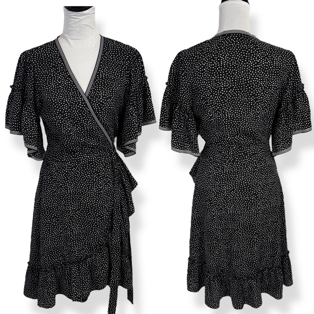 Max Studio True Wrap Dress Size S Black & White Polka Dot Ruffle Sleeve V Neck‎